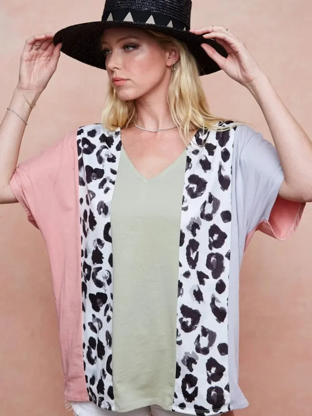 BiBi Cotton Span Knit With Leopard Color Block Top